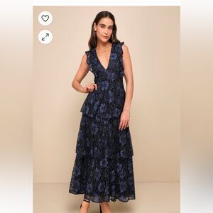 Lulu’s Molinetto Navy Blue Lace Ruffled Tiered Sleeveless Maxi Dress